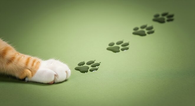 A close-up shot shows a cat's paw leaving wet paw prints on a green surface.