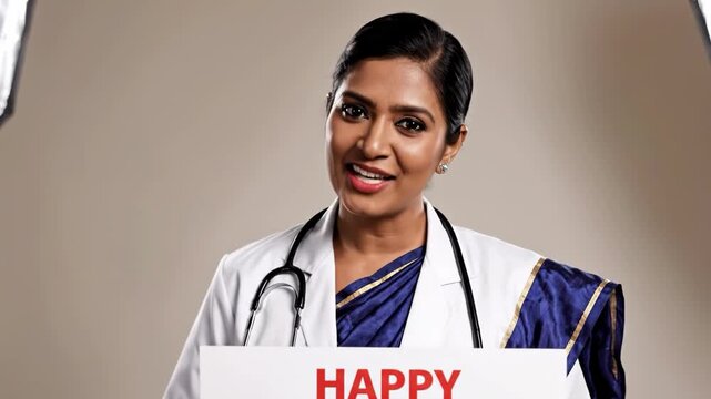 Woman doctor holding a sign celebrating national doctors day