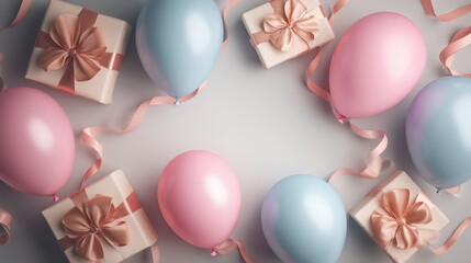 Flat-lay overhead scene: glossy balloons grouped near edges satin ribbons curl delicately square wrapped gifts in corners. Empty