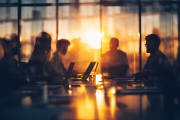 Blurred background of business people working in a modern office meeting room with a glass wall and sunset light