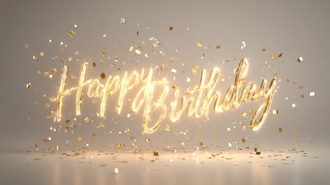Happy Birthday scripted in glowing fairy lights with sparkling confetti floating around. Subtle haze enhances depth against clean