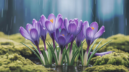 Vibrant purple crocuses with water droplets in gentle rain flower bloom
