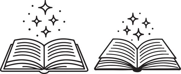 Open library book magic set  of reading, shining with stars doodle hand drawn outline clipart clipart vector eps