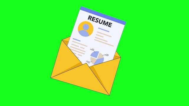 Animated resume in an envelope against green screen offers dynamic job application content, perfect for hiring videos and career guidance resources