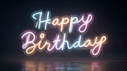 Neon lettering reads "Happy Birthday" in soft pastel gradients floating above a reflective metallic base. Subtle haze adds