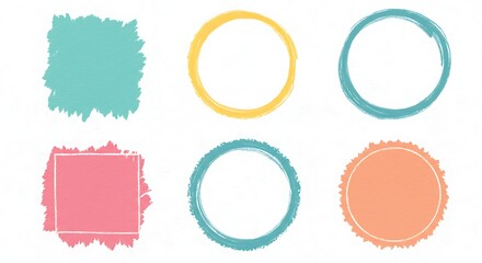 Colorful hand-drawn brushstroke shapes in turquoise, yellow, pink, and orange, on a white background