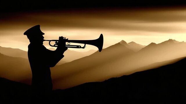 Silhouette of a soldier playing trumpet against a mountain backdrop at dawn or dusk