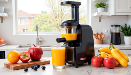 High-speed juicer extracting fresh juice on kitchen counter, healthy living