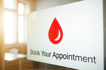 A close-up of a sign encouraging appointment bookings, featuring a red droplet icon. The setting is bright and modern, ideal for healthcare or service industries.