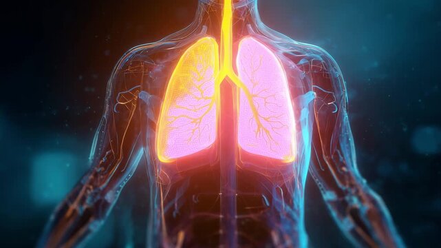 This visuals highlight the human respiratory system, showcasing the lungs and airway structures in detail during an educational overview