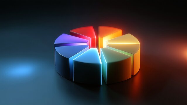 Glowing colorful pie chart presenting data analysis and financial statistics, showing business growth, market share, and infographic visualization of information and concept - Powered by Adobe