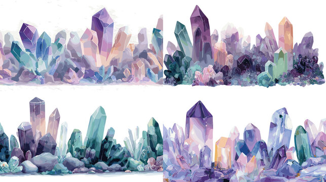 Ethereal watercolor crystal borders with amethyst and quartz clusters in soft purple, teal, and pastel hues. Perfect for elegant invitations, branding, and decorative design.