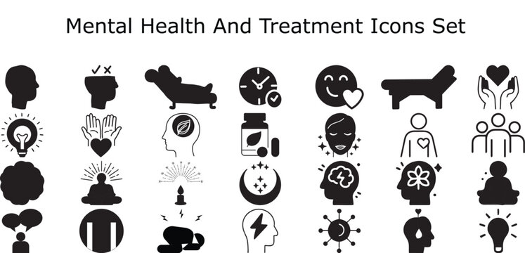 Mental Health And Treatment Icons Set Line Vector Pack Therapy Psychology Depression Anxiety Brain Therapy Session Counseling Support Wellness Glyphs Editable Stroke