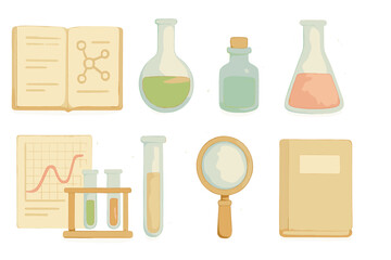Science tools and materials displayed in a colorful illustration with lab equipment and study materials