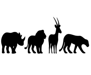 Silhouettes of wildlife including a rhino, lion, antelope, and leopard on a white background