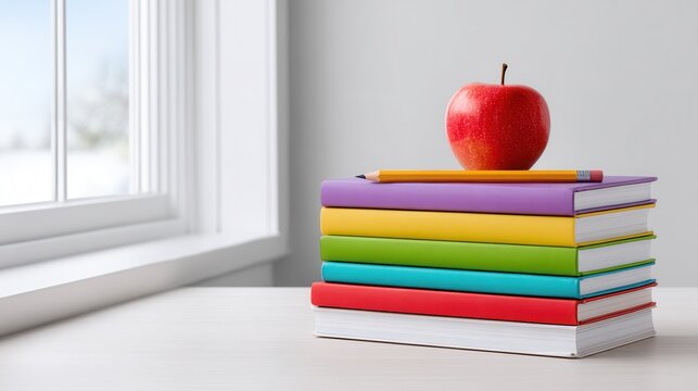 A stack of colorful books topped with a red apple and pencil, placed on a table near a window. Ideal for educational themes and study environments.