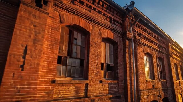 Old brick building with broken windows and sunlight.