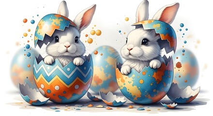 Two cute bunnies hatching from colorful easter eggs