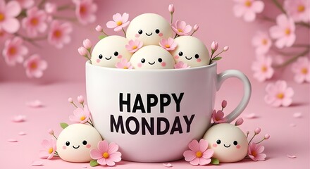 A cup of happiness monday morning cheer with cute egg characters