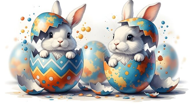 Two cute bunnies hatching from colorful easter eggs
