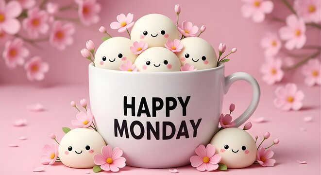 A cup of happiness monday morning cheer with cute egg characters