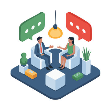 Isometric illustration of two people having a business meeting or discussion with speech bubbles.