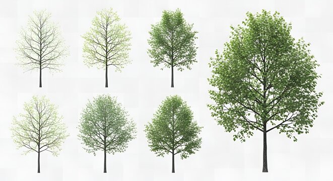 Green trees collection, bare to full foliage, isolated for design