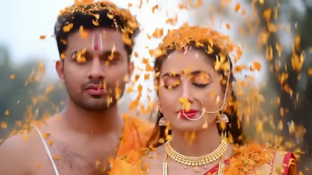 Indian couple in traditional attire showered with marigold flowers, a symbol of auspiciousness and celebration