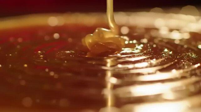 Viscous liquid flows in slow motion, creating mesmerizing trails with a glossy sheen, macro photography
