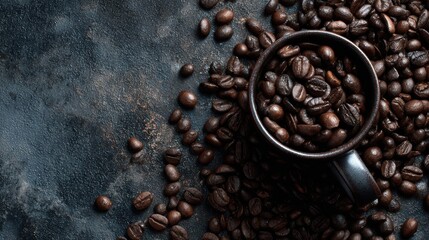 Obraz premium A bowl of coffee beans is spread out on a dark surface