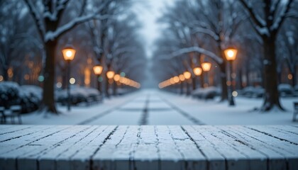 Empty white table top on bokeh background Snowy bokeh park landscape