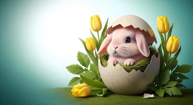 A charming easter bunny emerges from a cracked egg amidst yellow tulips
