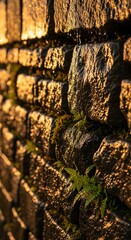 Close-up of a weathered brick wall with moss and small plants growing between the cracks, illuminated by warm sunlight creating a textured and natural appearance