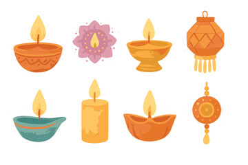 Colorful decorative oil lamps displayed for Indian festival celebration at dusk