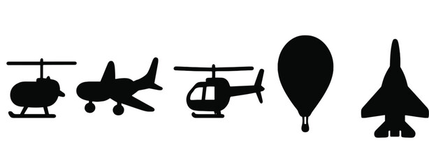 Various types of aircraft silhouettes including helicopters, planes, hot air balloon, and fighter jets