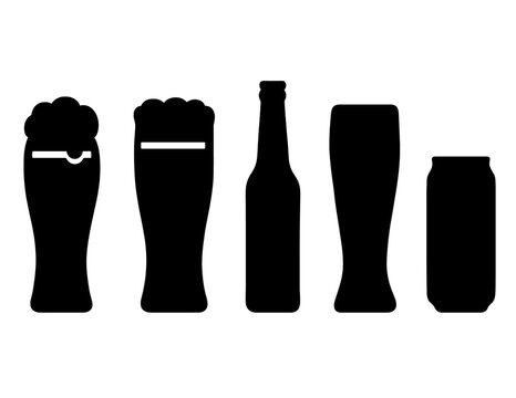 Different types of beer glasses and bottles arranged in a creative layout for a brewery or pub setting
