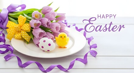 Happy easter greeting card with tulips, eggs, and a chick on a white plate