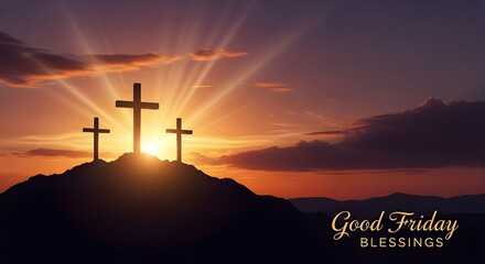 Three crosses on a hill at sunset with good friday blessings text overlay