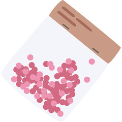 Pink Pills In A Small Transparent Bag With A Brownish Wooden Top Isolated On A White Background