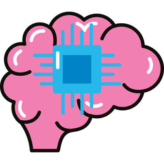 Pink Pixelated Brain with Blue Circuit Chip Integration Symbolizing Artificial Intelligence and Futuristic Technology in a Clean Digital Illustration