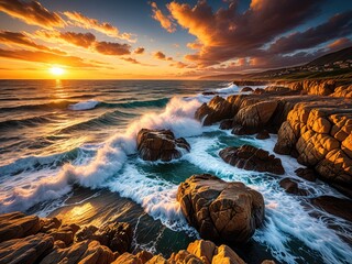 Dramatic Coastal Sunset: Waves Crashing Against Rocky Shoreline at Golden Hour - Scenic Ocean Landscape