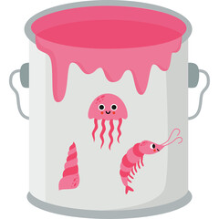 Pink paint can with dripping paint and cute cartoon jellyfish shrimp and shell illustrations on a transparent background