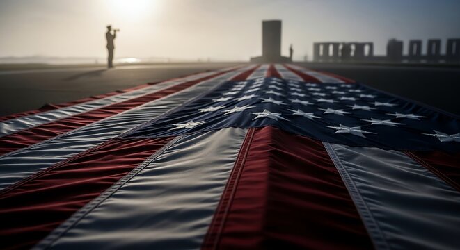 American flag draped over memorial with bugler
