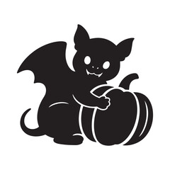 Adorable Vampire Bat with Fangs Holding a Spooky Carved Halloween Jack-o'-Lantern.