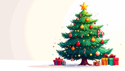 Festive Christmas Tree with Ornaments and Gifts, Holiday Season Celebrations