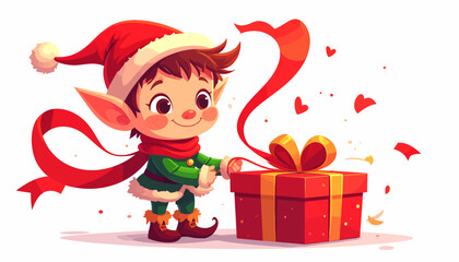 Festive Elf Unwrapping a Christmas Gift with Joyful Enthusiasm