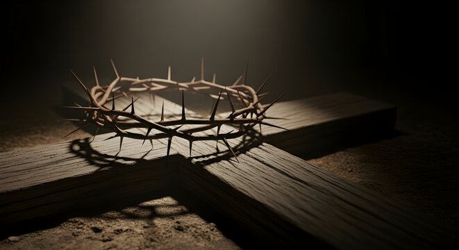Crown of thorns resting on a wooden cross in a dimly lit environment - Powered by Adobe