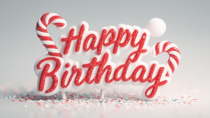 Whimsical topper "Happy Birthday" text styled as candy canes positioned above smooth icing. Sparkling confetti surrounds design under