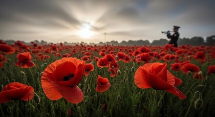 Fototapeta premium Poppy field with musician at sunrise