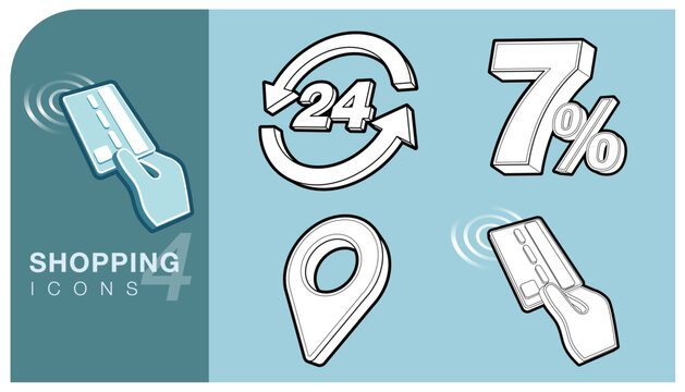 Shopping anSet of shopping and e-commerce monochrome icons. Includes symbols for contactless payment with a credit card, 24 hour service/availability 7% discount. Perfect for web, app design or advert